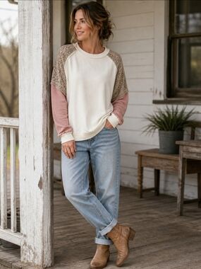 BKE Lace Patchwork Sweatshirt Boho Crocket Colorblock Pullover Cream Pink Size L